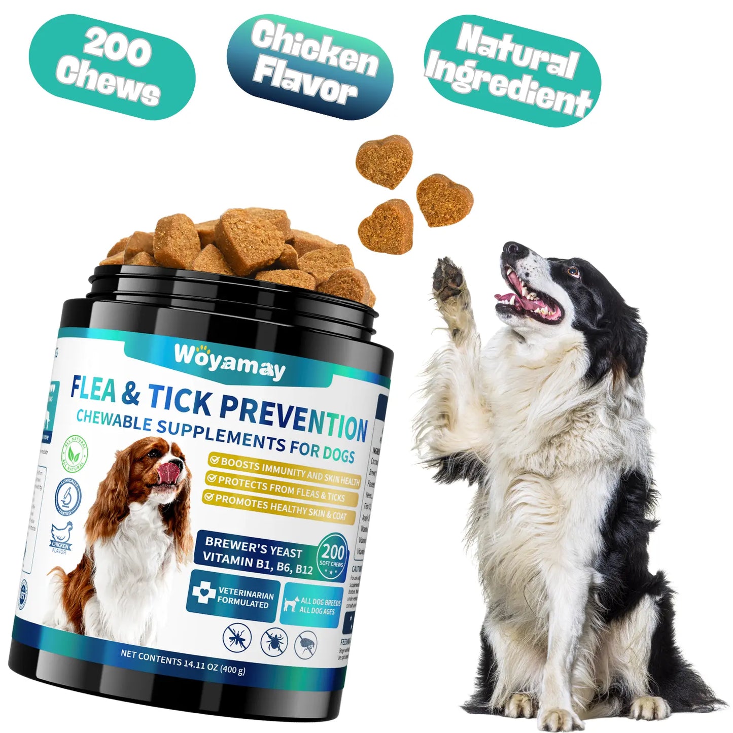Woyamay Dog Flea and Tick Chews, 200 Ct with Omega-3, Natural Dog Flea and Tick Support Chews, Daily Flea Away for Puppies Chewables, All Breeds & Sizes, Chicken Flavor Supplements Vitamin