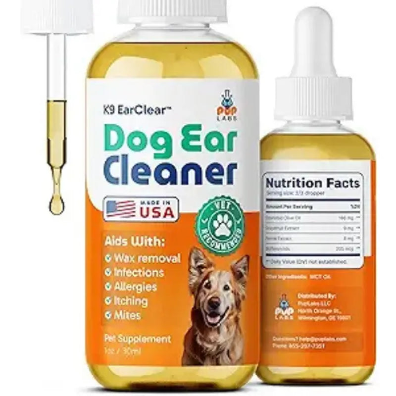 K9 Earclear Natural Ear Drops for Dogs - Soothes Irritation & Itching - Made in USA - Pet Grooming Supplement - 1Oz Dropper Bottle