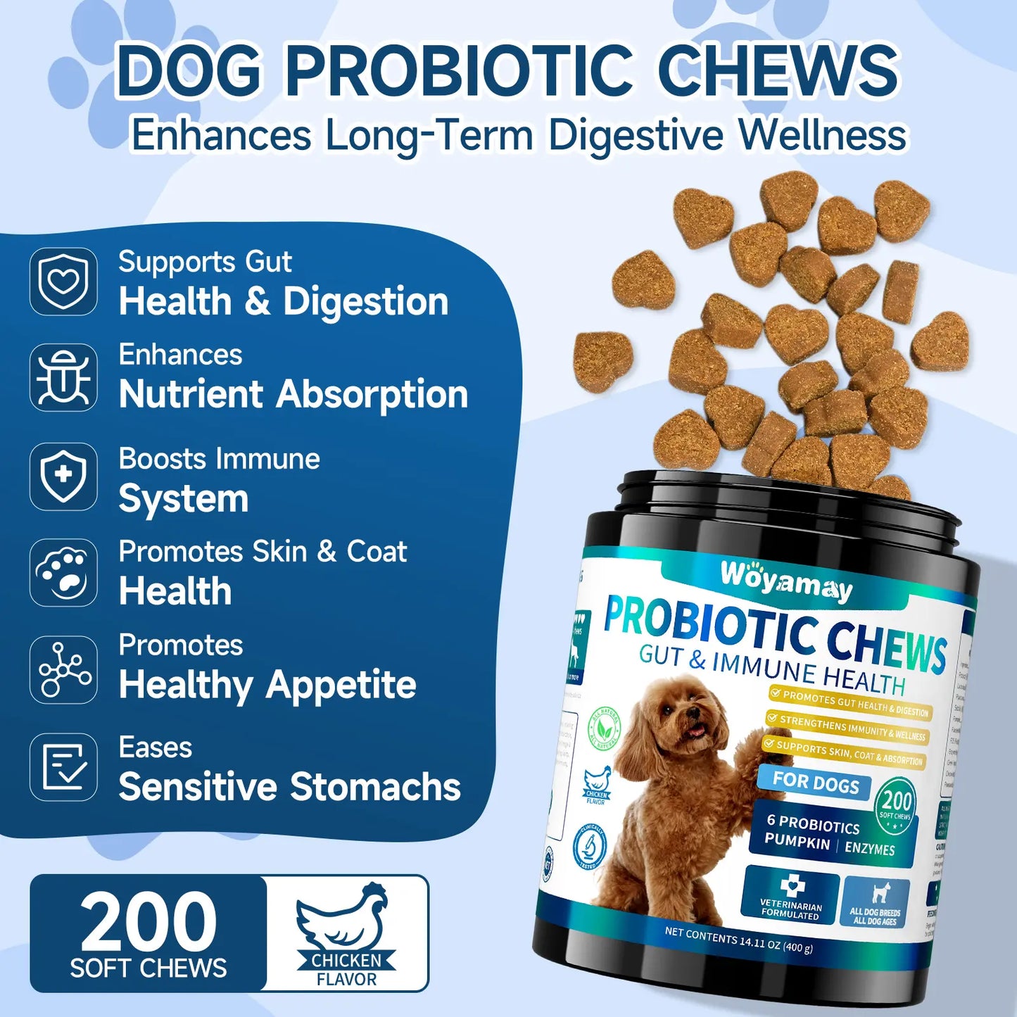 Dog Probiotics, 200 Chews, Gut and Digestive Health, Itchy Skin, Yeast Overgrowth, Diarrhoea & Gas, Overall Health Supplements