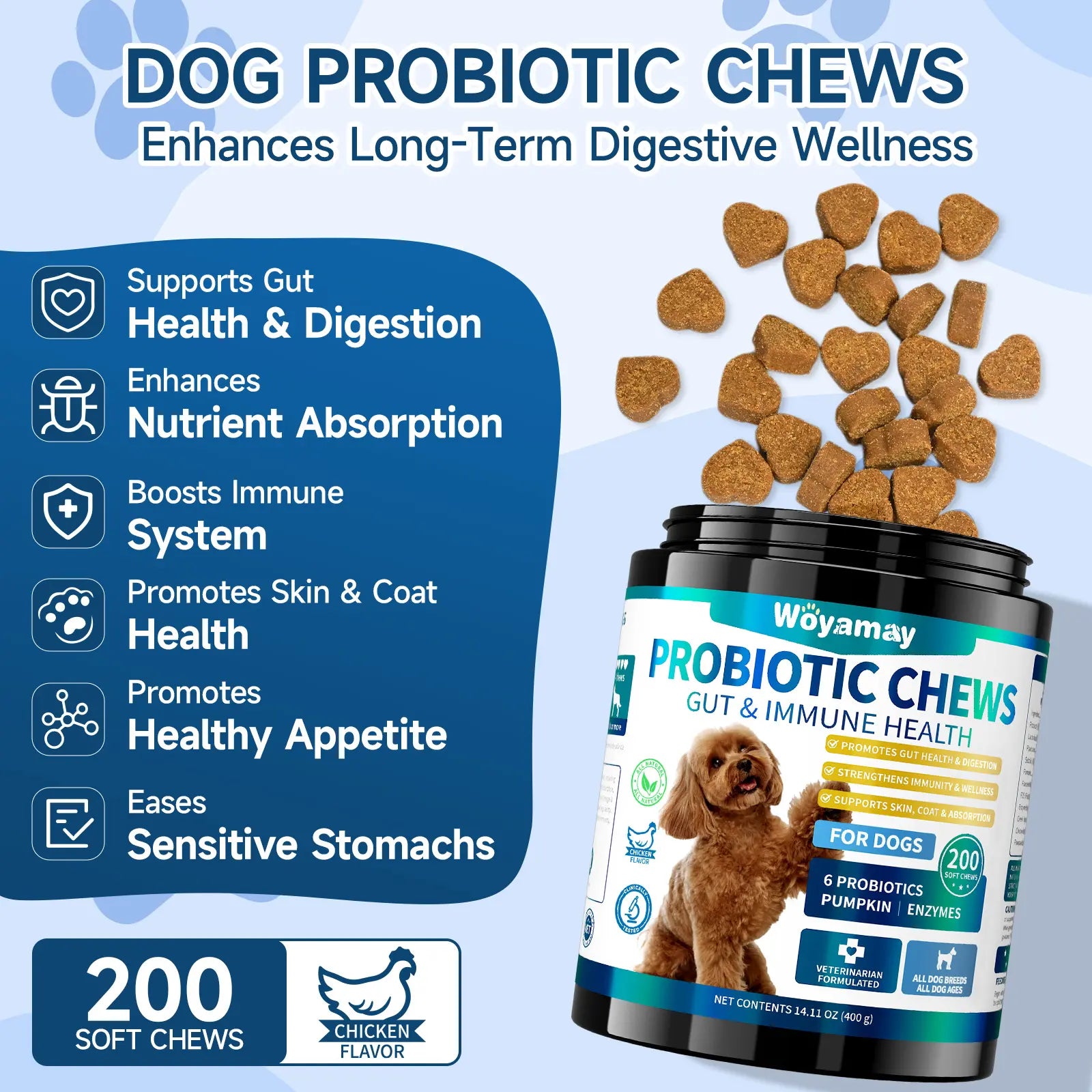 Dog Probiotics, 200 Chews, Gut and Digestive Health, Itchy Skin, Yeast Overgrowth, Diarrhoea & Gas, Overall Health Supplements