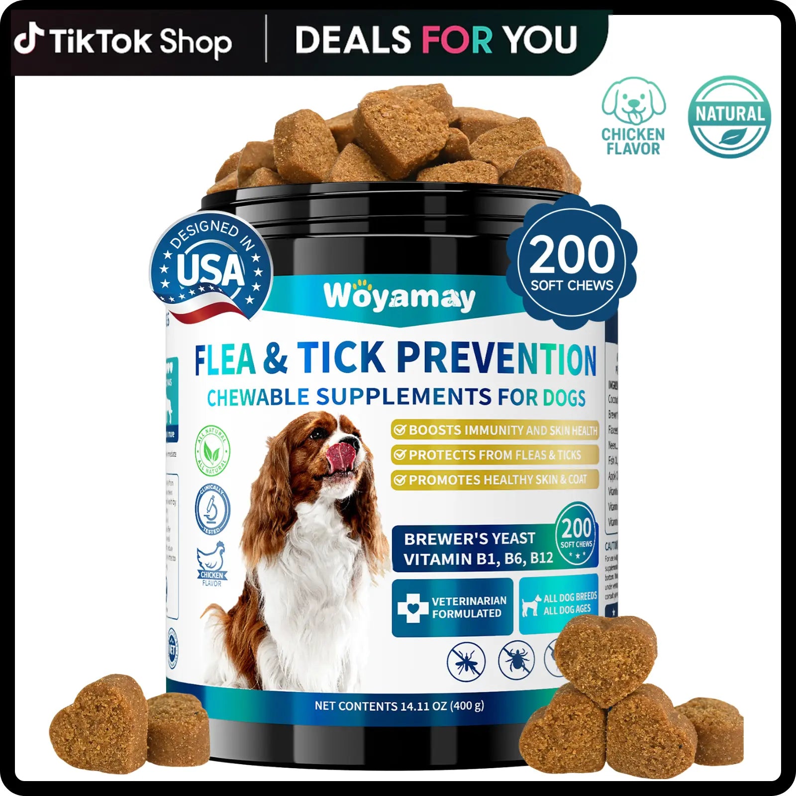 Flea & Tick Prevention for Dogs, 200 Ct Chewables - Support Skin & Coat Health with Fish Oil, Omega-3, Multivitamin, Natural Dog Flea and Tick Chews for All Breeds & Sizes, Chicken Flavor
