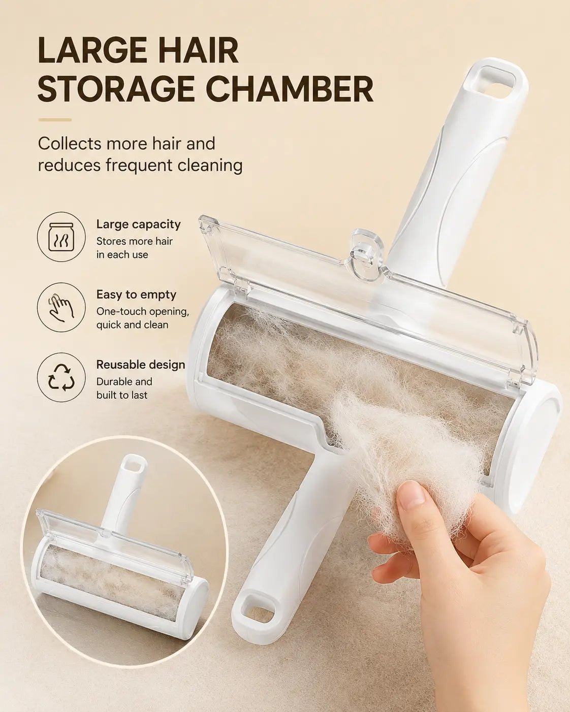 White Pet Hair Removal Roller – 20 Cm Wide Reusable Lint & Fur Cleaner for Sofas, Carpets, Bedding & Pet Mats – Easy One‑Touch Empty Grooming Tool for Cat & Dog Hair Cleanup