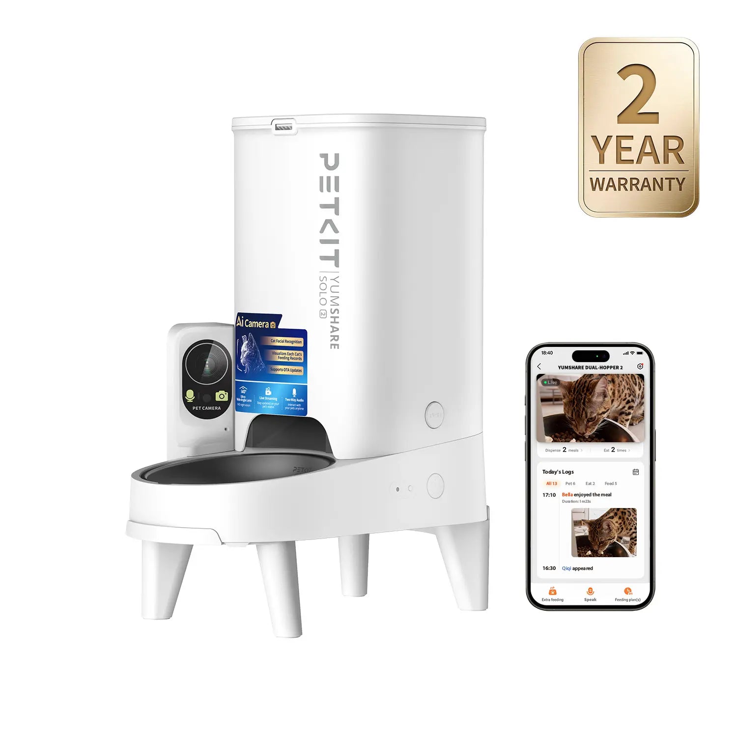 AI Pet Food Feeder with Camera - PETKIT Yumshare Solo 2 - Facial Recognition for up to 15 Pets, Live Video Streaming, App Control, Customized Meal Plans (For Dogs & Cats), Food Feeders