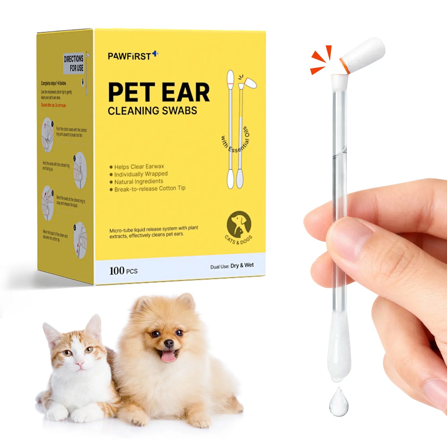 Pawfirst 100 Pack Pet Ear Cleaning Swabs, Break-To-Release Disposable Ear Cleaner for Dogs & Cats, Soothing Aloe & Chamomile Formula for Earwax & Odor