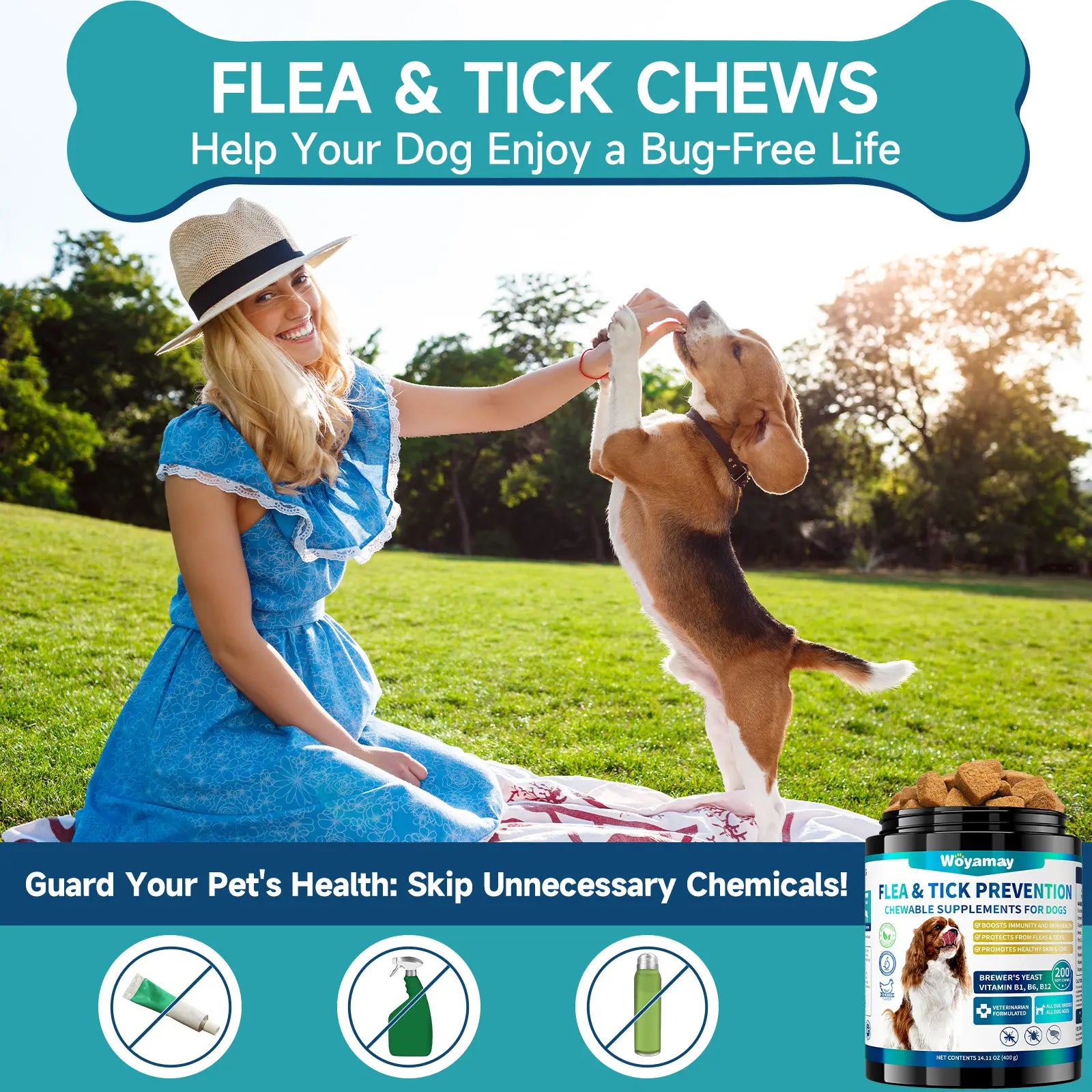 Woyamay Dog Flea and Tick Chews, 200 Ct with Omega-3, Natural Dog Flea and Tick Support Chews, Daily Flea Away for Puppies Chewables, All Breeds & Sizes, Chicken Flavor Supplements Vitamin