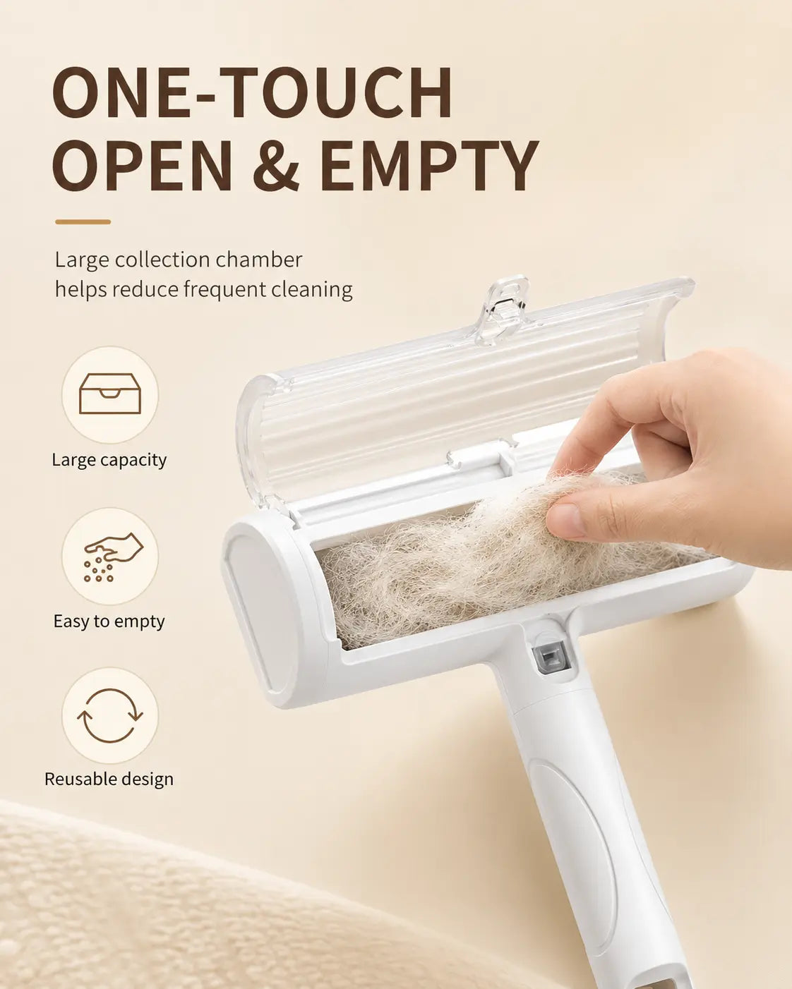White Pet Hair Removal Roller – 20 Cm Wide Reusable Lint & Fur Cleaner for Sofas, Carpets, Bedding & Pet Mats – Easy One‑Touch Empty Grooming Tool for Cat & Dog Hair Cleanup