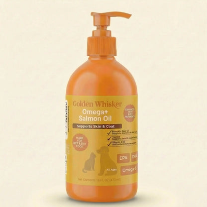 Golden Whisker Salmon Elixir for Cats & Dogs – Triple-Enhanced Omega-3 Formula with Vitamin E, Taurine & Pumpkin Seed Oil for Skin, Coat & Joint Health