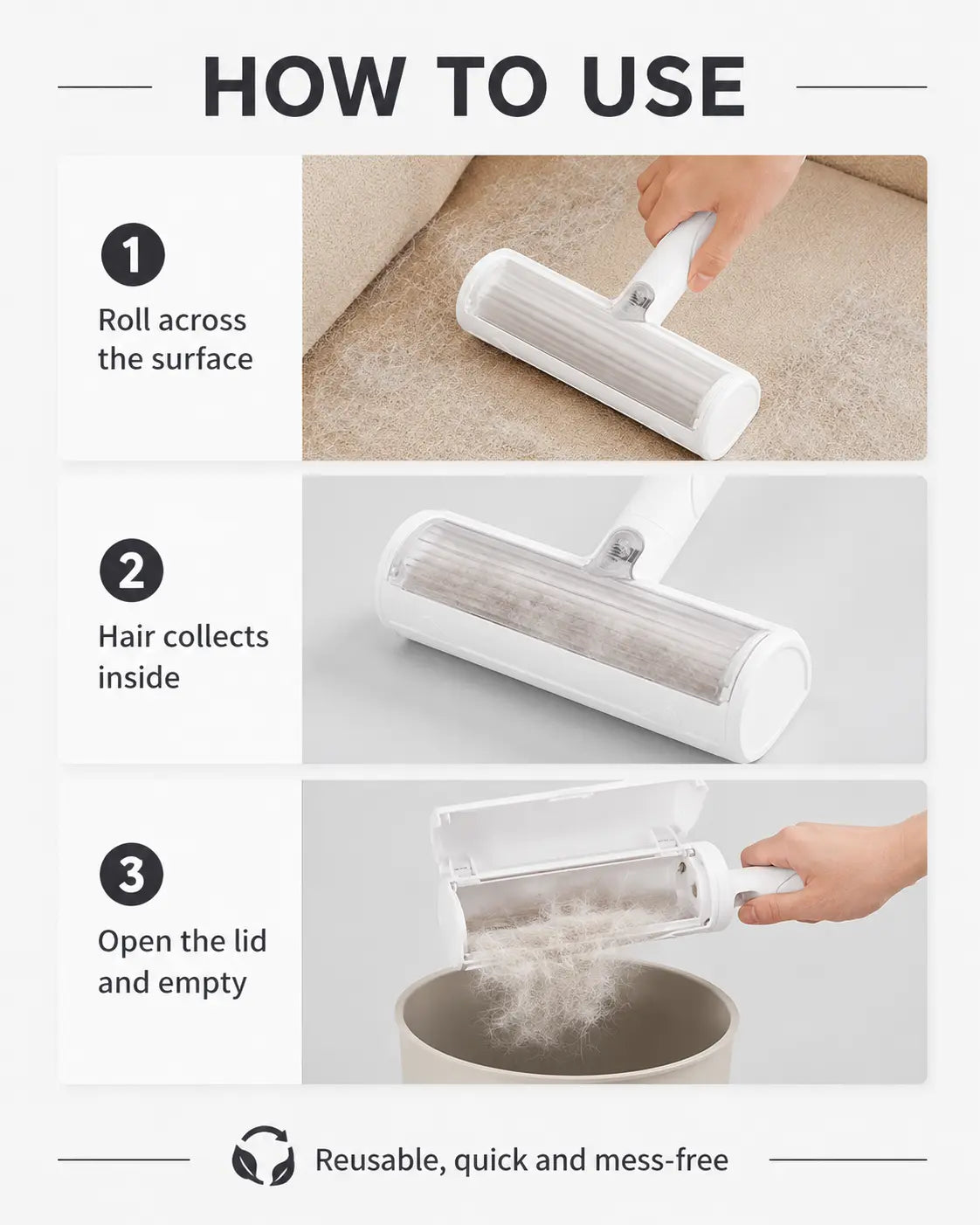 White Pet Hair Removal Roller – 20 Cm Wide Reusable Lint & Fur Cleaner for Sofas, Carpets, Bedding & Pet Mats – Easy One‑Touch Empty Grooming Tool for Cat & Dog Hair Cleanup