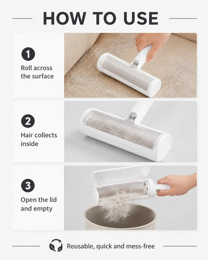 White Pet Hair Removal Roller – 20 Cm Wide Reusable Lint & Fur Cleaner for Sofas, Carpets, Bedding & Pet Mats – Easy One‑Touch Empty Grooming Tool for Cat & Dog Hair Cleanup