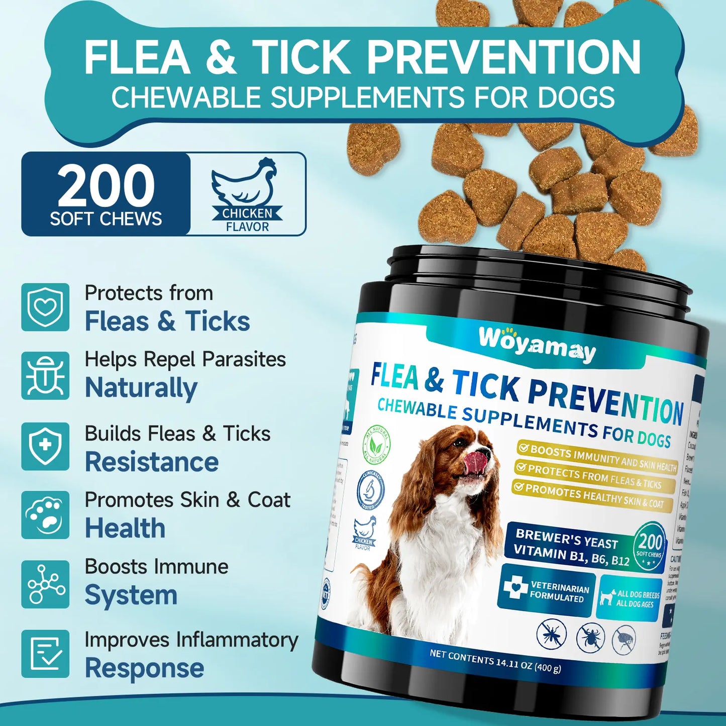 Woyamay Dog Flea and Tick Chews, 200 Ct with Omega-3, Natural Dog Flea and Tick Support Chews, Daily Flea Away for Puppies Chewables, All Breeds & Sizes, Chicken Flavor Supplements Vitamin