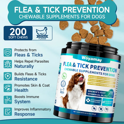 Woyamay Dog Flea and Tick Chews, 200 Ct with Omega-3, Natural Dog Flea and Tick Support Chews, Daily Flea Away for Puppies Chewables, All Breeds & Sizes, Chicken Flavor Supplements Vitamin