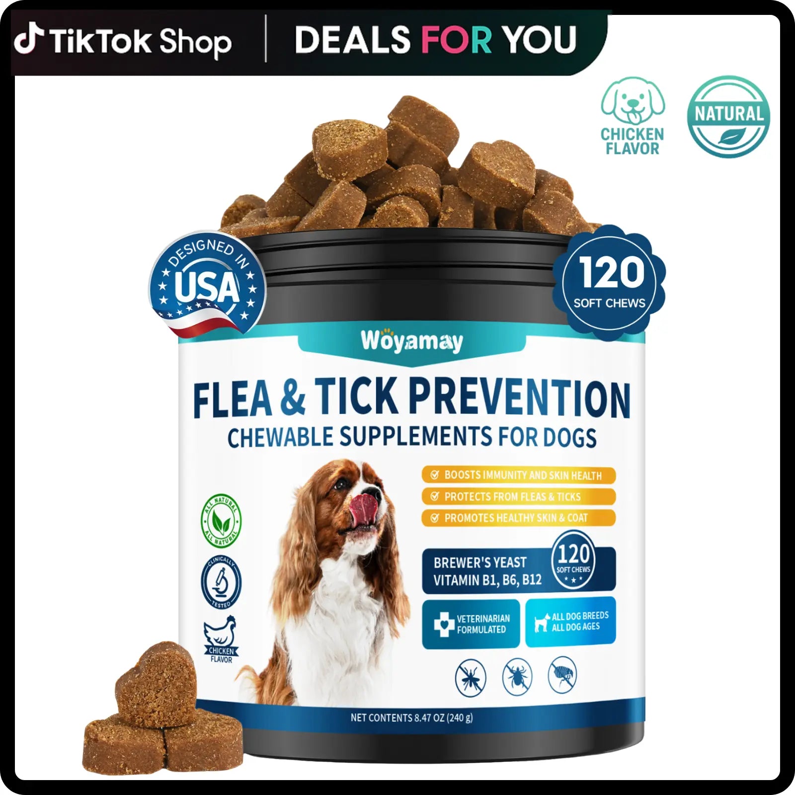 Flea & Tick Prevention for Dogs, 200 Ct Chewables - Support Skin & Coat Health with Fish Oil, Omega-3, Multivitamin, Natural Dog Flea and Tick Chews for All Breeds & Sizes, Chicken Flavor