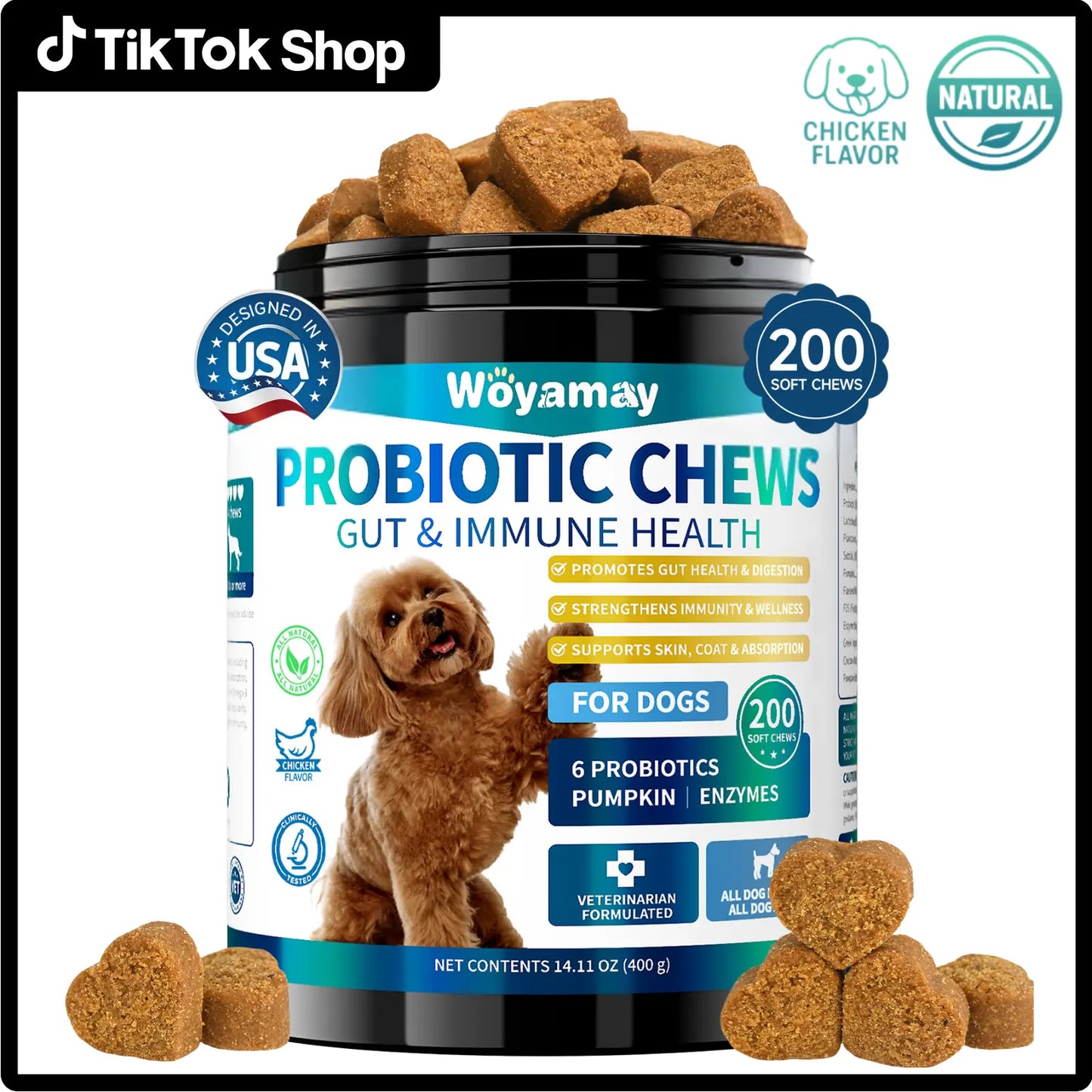 Dog Probiotics, 200 Chews, Gut and Digestive Health, Itchy Skin, Yeast Overgrowth, Diarrhoea & Gas, Overall Health Supplements