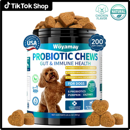 Dog Probiotics, 200 Chews, Gut and Digestive Health, Itchy Skin, Yeast Overgrowth, Diarrhoea & Gas, Overall Health Supplements