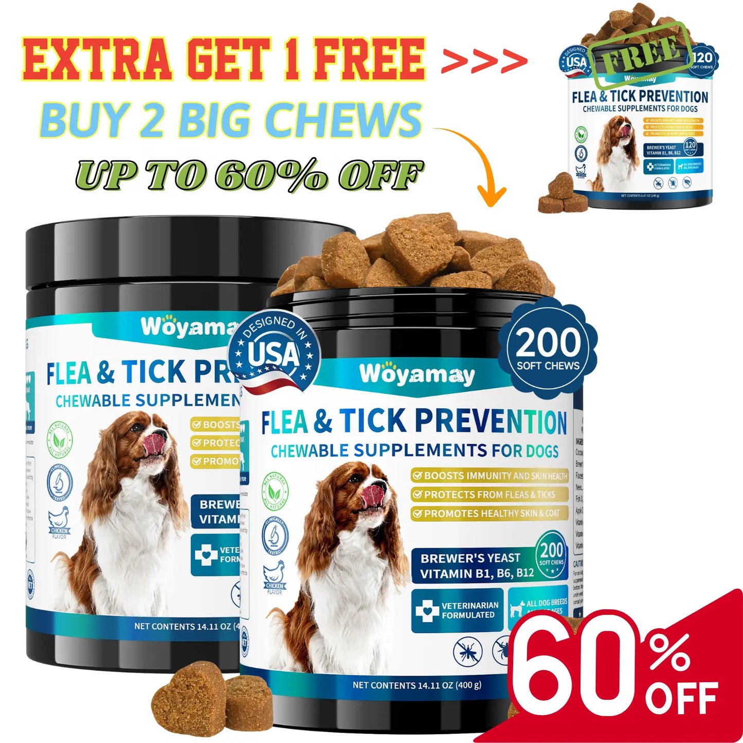 Flea & Tick Prevention for Dogs, 200 Ct Chewables - Support Skin & Coat Health with Fish Oil, Omega-3, Multivitamin, Natural Dog Flea and Tick Chews for All Breeds & Sizes, Chicken Flavor
