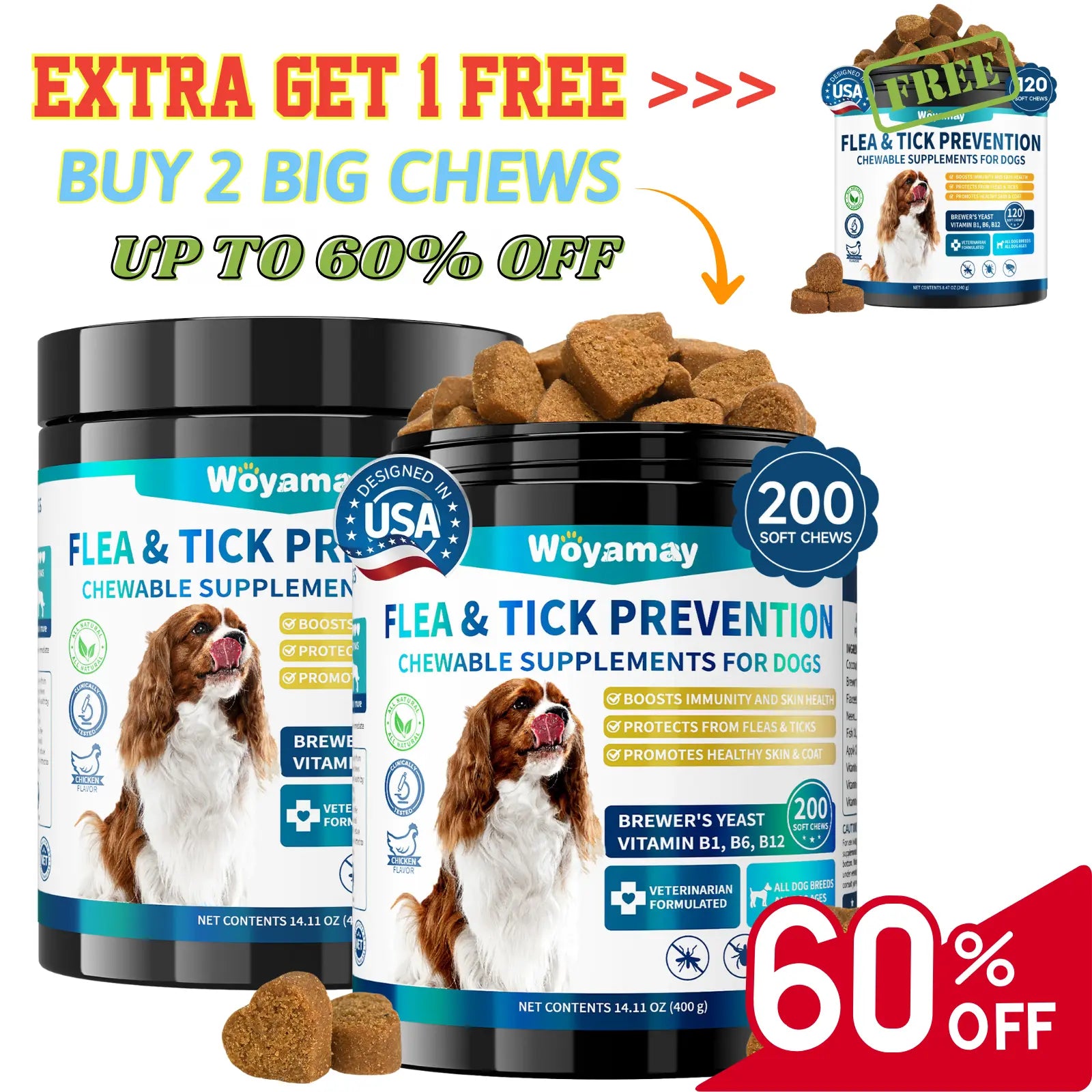Flea & Tick Prevention for Dogs, 200 Ct Chewables - Support Skin & Coat Health with Fish Oil, Omega-3, Multivitamin, Natural Dog Flea and Tick Chews for All Breeds & Sizes, Chicken Flavor
