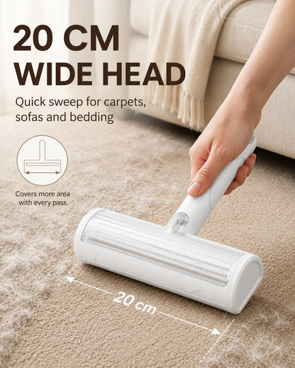 White Pet Hair Removal Roller – 20 Cm Wide Reusable Lint & Fur Cleaner for Sofas, Carpets, Bedding & Pet Mats – Easy One‑Touch Empty Grooming Tool for Cat & Dog Hair Cleanup