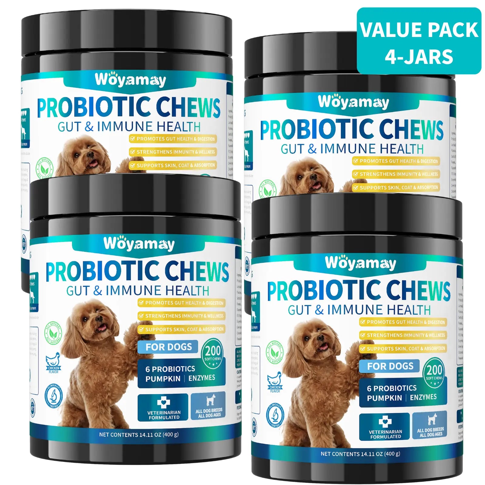 Dog Probiotics, 200 Chews, Gut and Digestive Health, Itchy Skin, Yeast Overgrowth, Diarrhoea & Gas, Overall Health Supplements