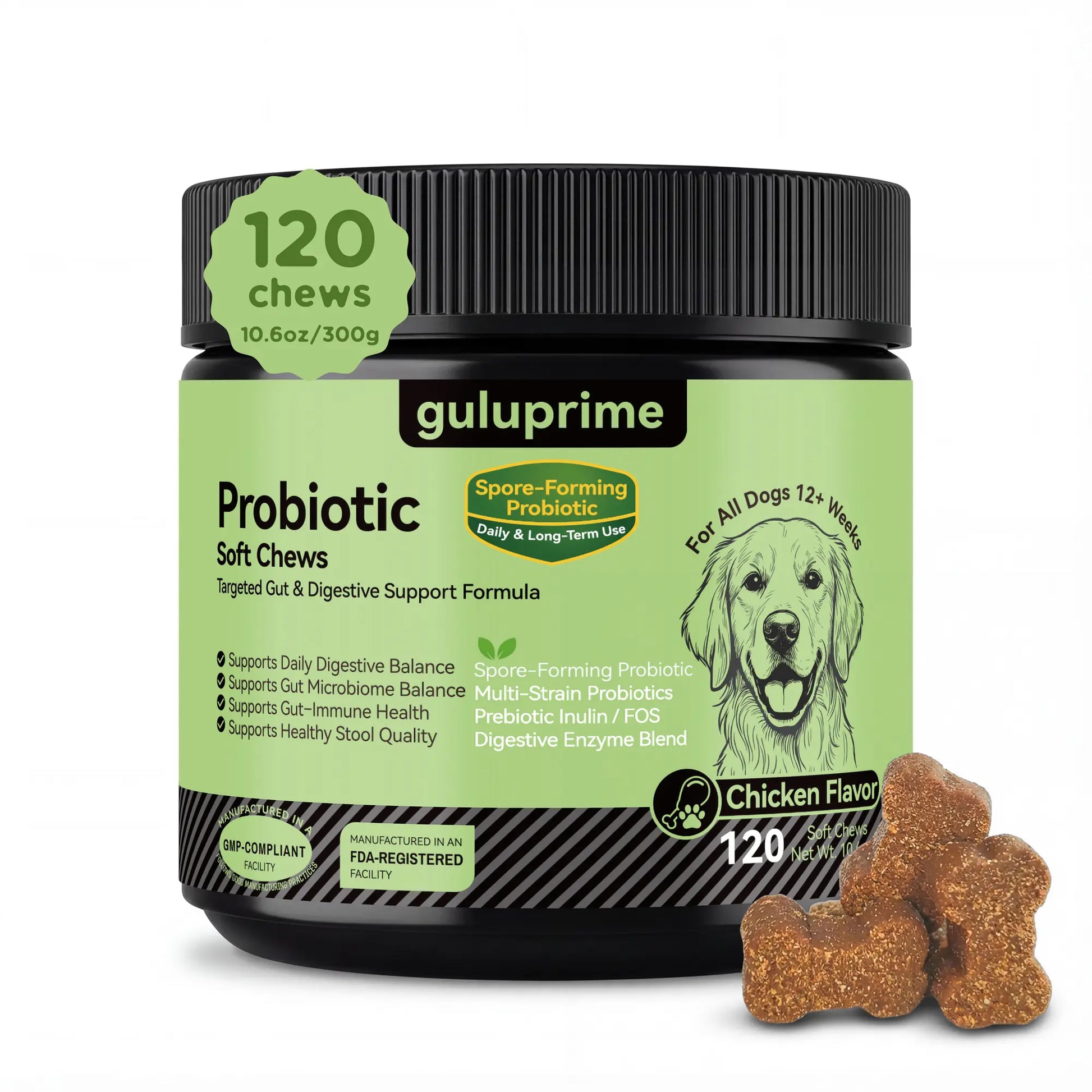 Daily Probiotic Chews for Dogs – Gut Health & Digestive Support Supplement, Spore-Forming Bacillus Coagulans, Multi-Strain Lactobacillus with Prebiotic Inulin/Fos, Chicken Flavor, 120 Soft Chews