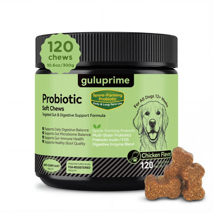 Daily Probiotic Chews for Dogs – Gut Health & Digestive Support Supplement, Spore-Forming Bacillus Coagulans, Multi-Strain Lactobacillus with Prebiotic Inulin/Fos, Chicken Flavor, 120 Soft Chews