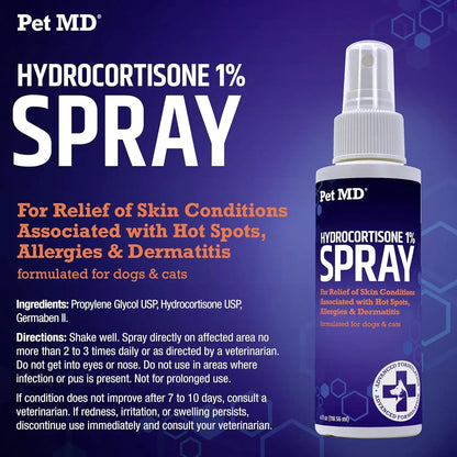 Itch Relief Spray & Hot Spot Treatment for Dogs, Pet MD Hydrocortisone Spray for Dogs, Cats & Horses - Irritated Dry Itchy Skin, Allergies, and Dermatitis - Reduces Topical Inflammation - 4 Oz
