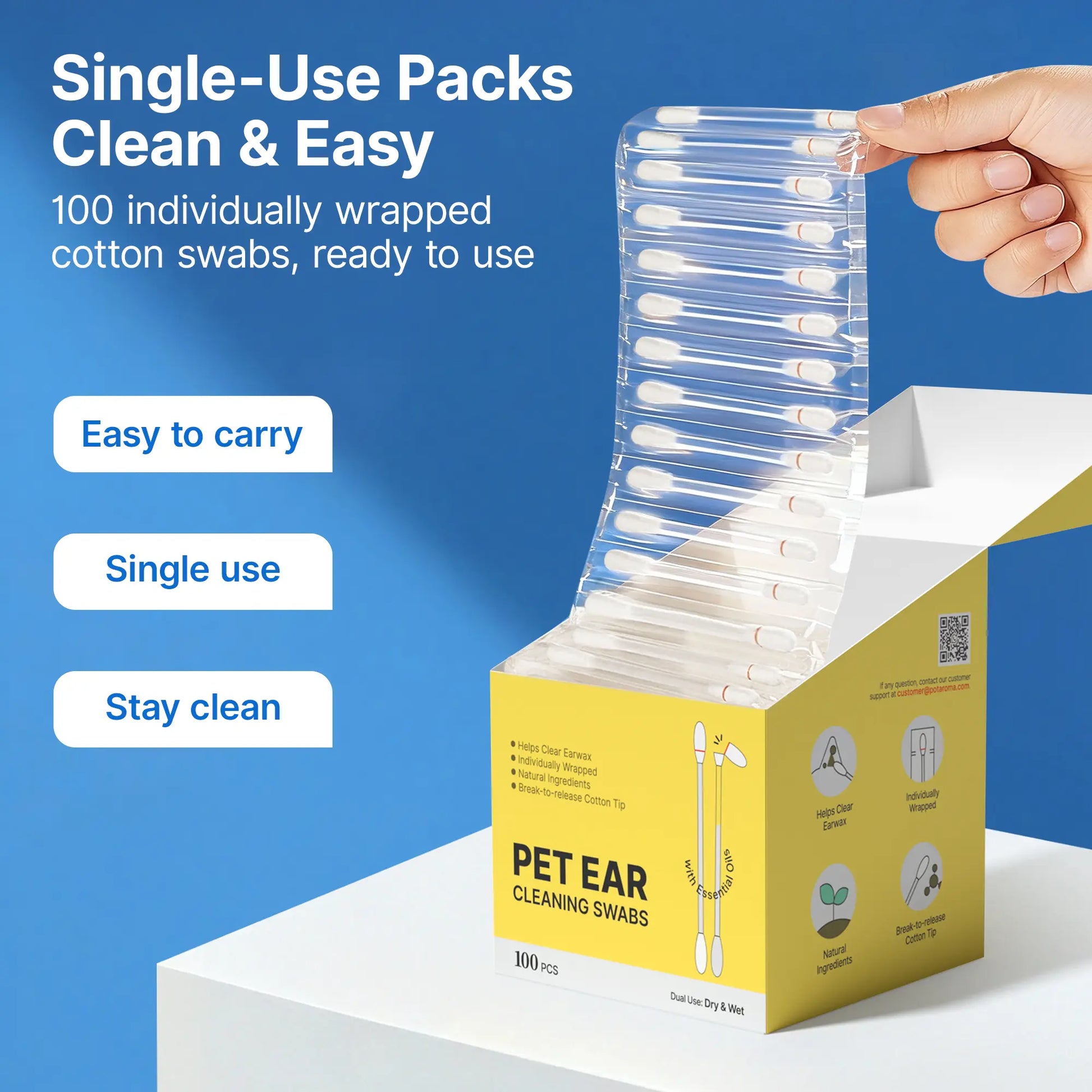 Pawfirst 100 Pack Pet Ear Cleaning Swabs, Break-To-Release Disposable Ear Cleaner for Dogs & Cats, Soothing Aloe & Chamomile Formula for Earwax & Odor