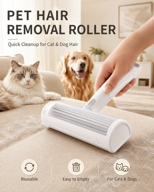 White Pet Hair Removal Roller – 20 Cm Wide Reusable Lint & Fur Cleaner for Sofas, Carpets, Bedding & Pet Mats – Easy One‑Touch Empty Grooming Tool for Cat & Dog Hair Cleanup