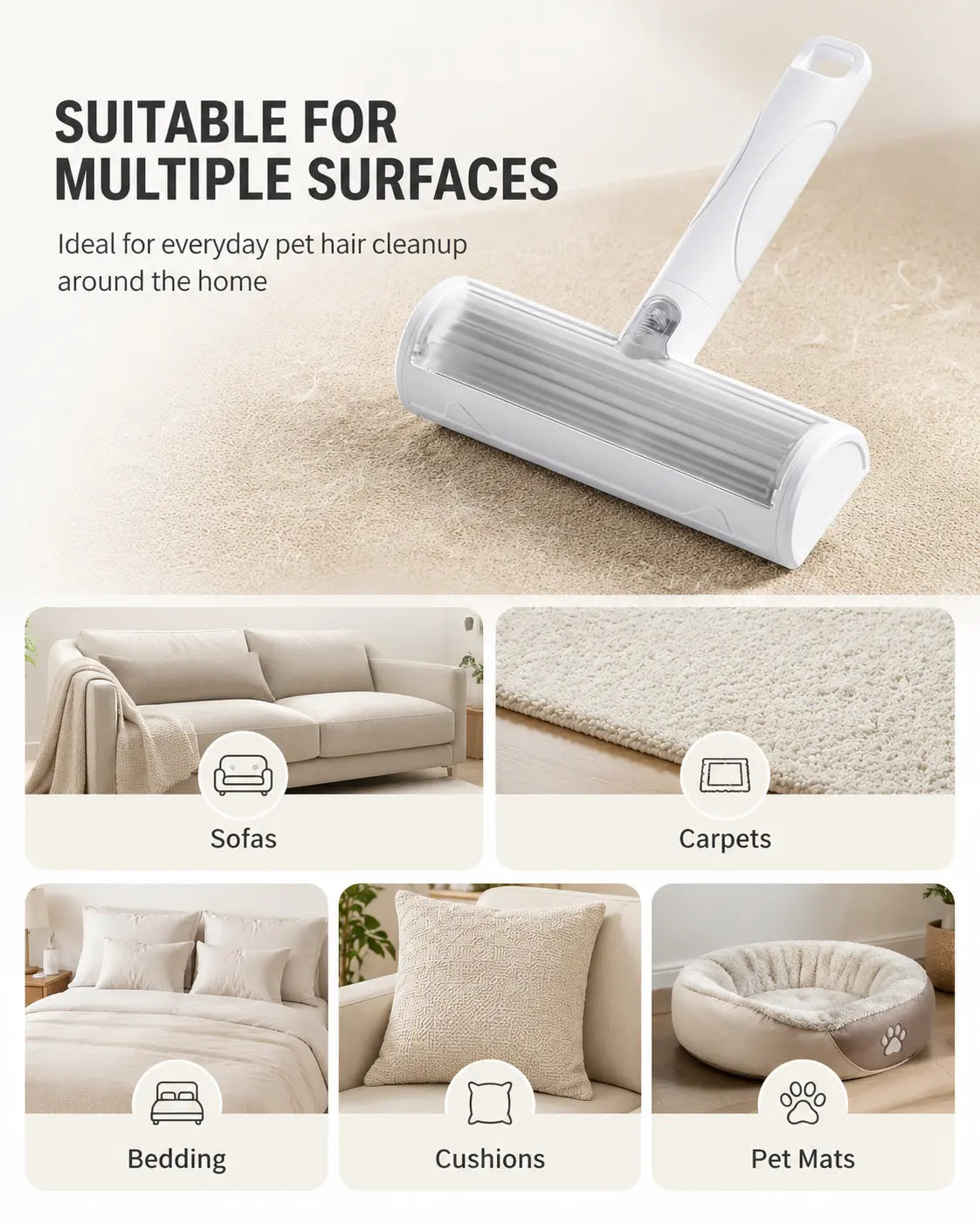 White Pet Hair Removal Roller – 20 Cm Wide Reusable Lint & Fur Cleaner for Sofas, Carpets, Bedding & Pet Mats – Easy One‑Touch Empty Grooming Tool for Cat & Dog Hair Cleanup