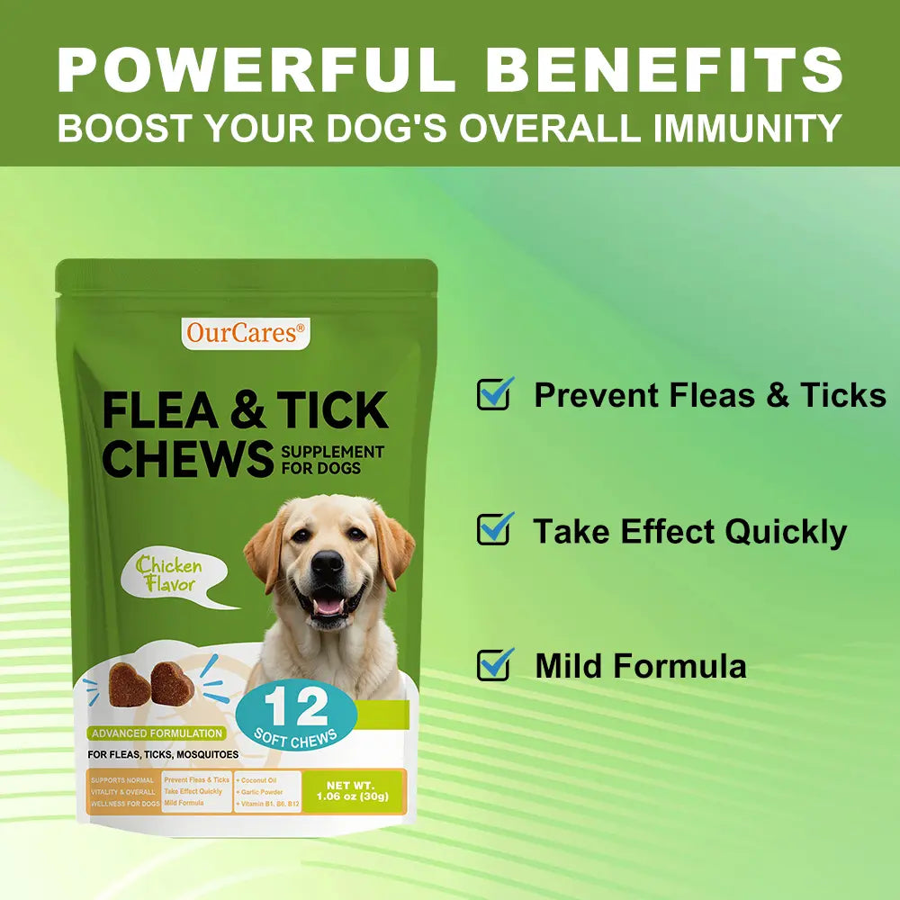 Ourcares Natural Outdoor Defense Dog Chewables – 12 Count Chicken-Flavored Chews with Coconut Oil & Vitamins for Comprehensive Pet Wellness & External Protection Support，Glb