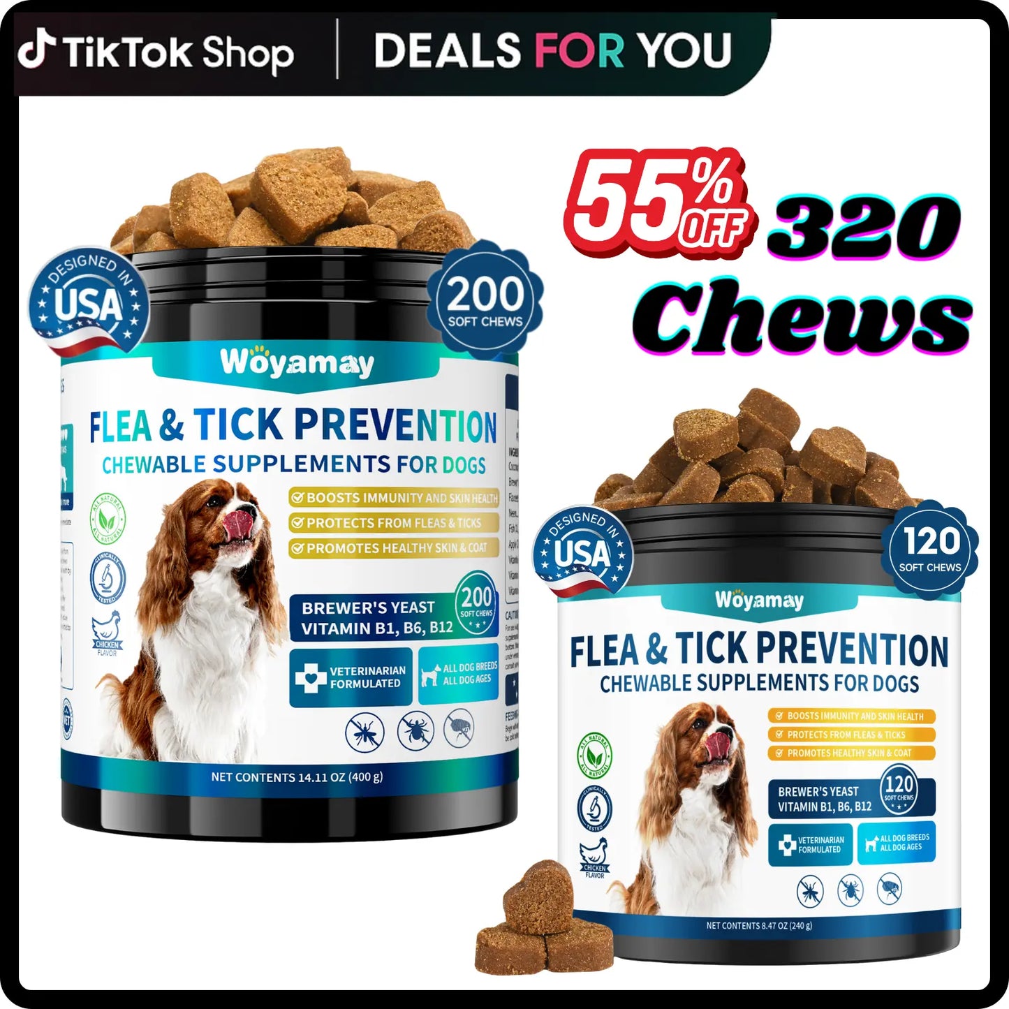 Flea & Tick Prevention for Dogs, 200 Ct Chewables - Support Skin & Coat Health with Fish Oil, Omega-3, Multivitamin, Natural Dog Flea and Tick Chews for All Breeds & Sizes, Chicken Flavor