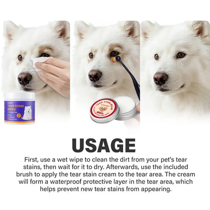 PET Pet Tear Stain Protection Cream with Professional Brush for Dog and Cat Eye Care, Natural Anti-Tear, Gentle Cleaning, Removes Tear Stains from Dogs and Cats, Remarkable Effect without Irritation
