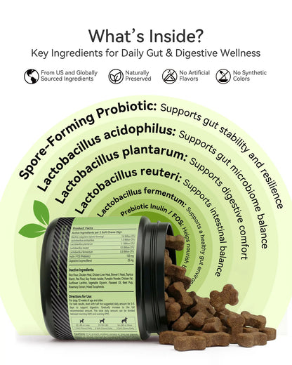 Daily Probiotic Chews for Dogs – Gut Health & Digestive Support Supplement, Spore-Forming Bacillus Coagulans, Multi-Strain Lactobacillus with Prebiotic Inulin/Fos, Chicken Flavor, 120 Soft Chews