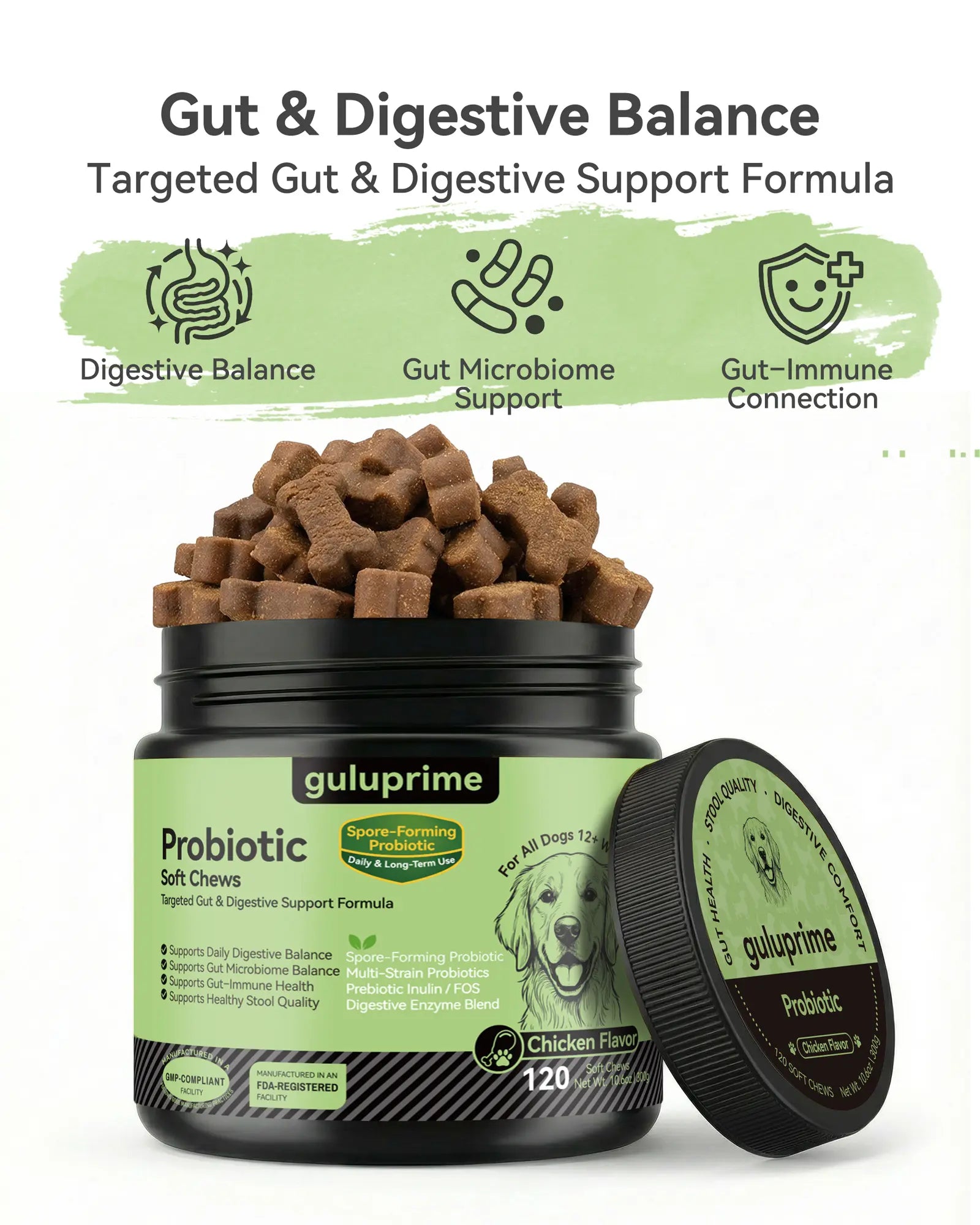 Daily Probiotic Chews for Dogs – Gut Health & Digestive Support Supplement, Spore-Forming Bacillus Coagulans, Multi-Strain Lactobacillus with Prebiotic Inulin/Fos, Chicken Flavor, 120 Soft Chews