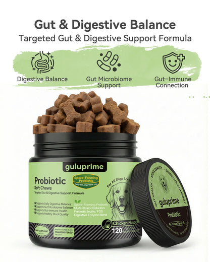 Daily Probiotic Chews for Dogs – Gut Health & Digestive Support Supplement, Spore-Forming Bacillus Coagulans, Multi-Strain Lactobacillus with Prebiotic Inulin/Fos, Chicken Flavor, 120 Soft Chews