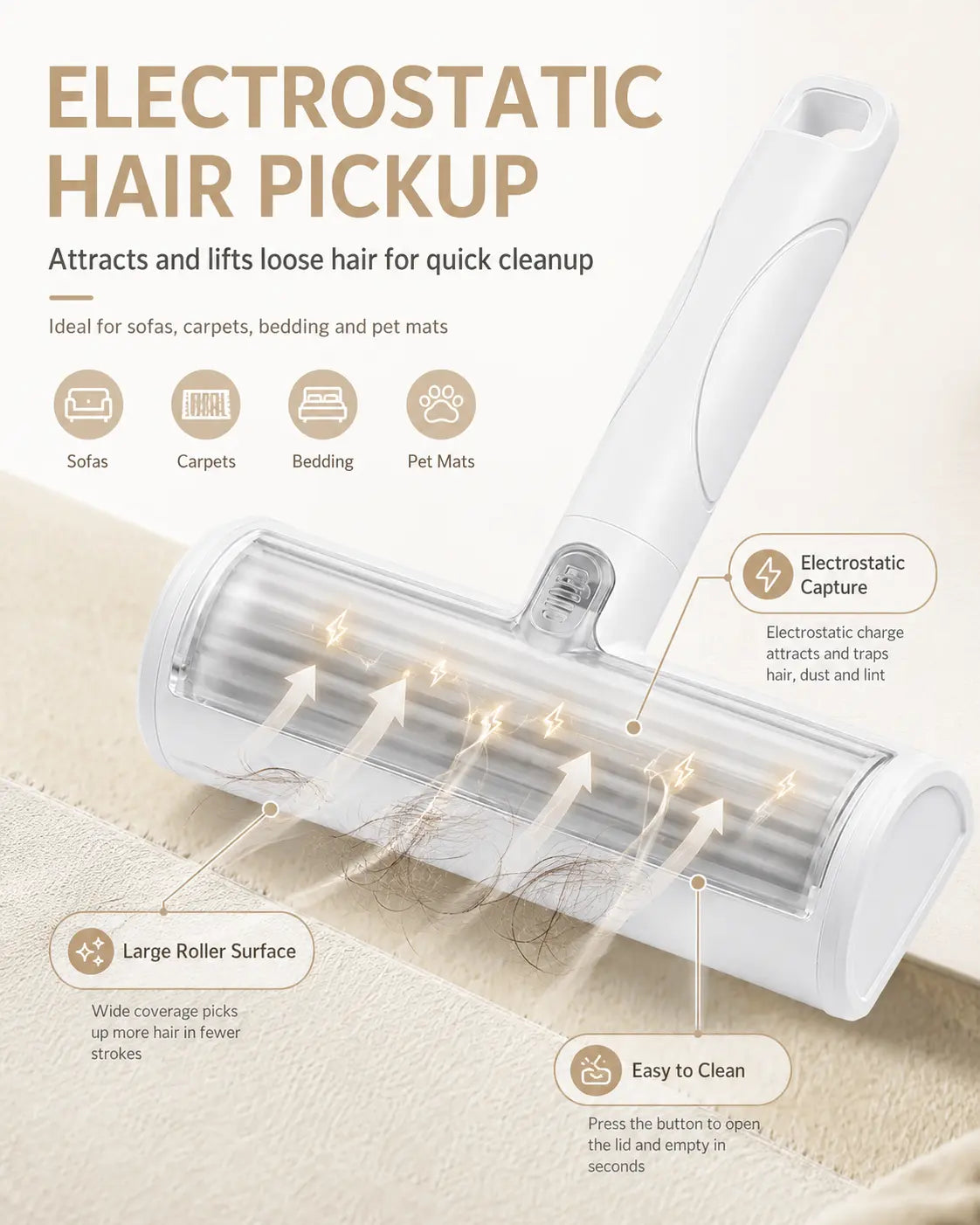 White Pet Hair Removal Roller – 20 Cm Wide Reusable Lint & Fur Cleaner for Sofas, Carpets, Bedding & Pet Mats – Easy One‑Touch Empty Grooming Tool for Cat & Dog Hair Cleanup