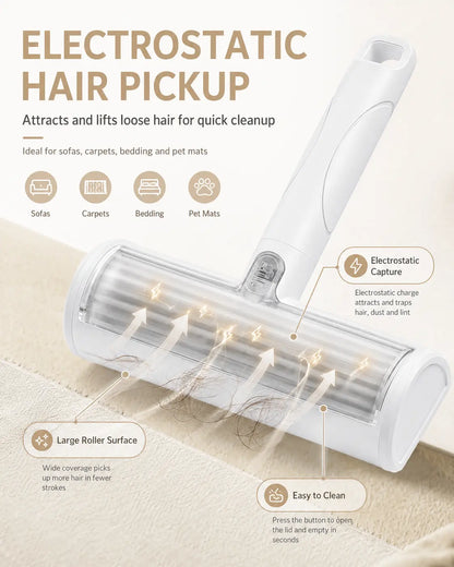 White Pet Hair Removal Roller – 20 Cm Wide Reusable Lint & Fur Cleaner for Sofas, Carpets, Bedding & Pet Mats – Easy One‑Touch Empty Grooming Tool for Cat & Dog Hair Cleanup
